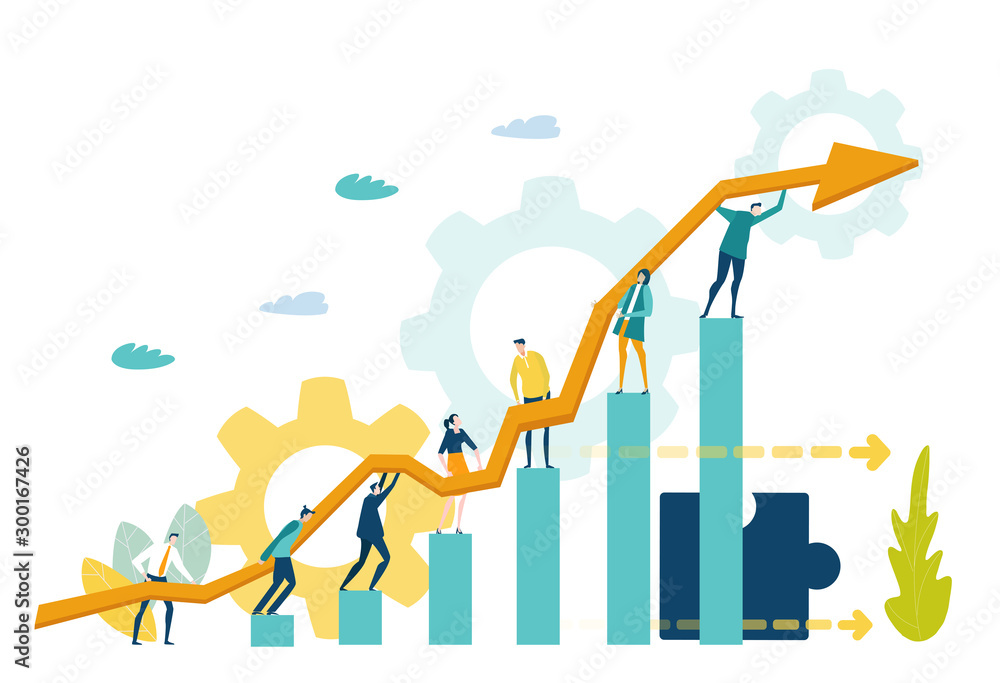 Business people walking up at the stars with arrow, which shows the growth up, success and financial developing. Business concept illustration - obrazy, fototapety, plakaty 