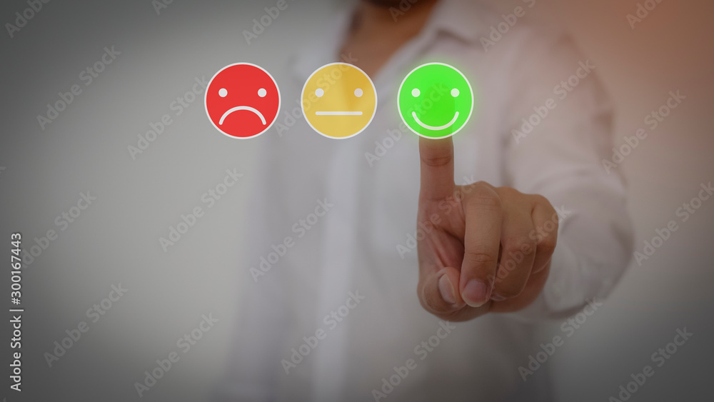 hand women pressing smile buttons on virtual touch screen hand women pressing smile buttons on virtual touch screen