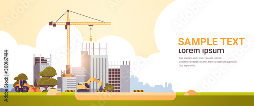 modern construction site with cranes tractor and bulldozer unfinished building exterior sunset background flat horizontal copy space vector illustration
