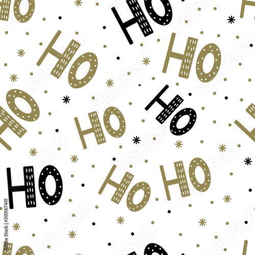 Seamless pattern of scandinavian lettering hohoho. Gold black letter and snowflake on white background. Abstract wallpaper and wrapping decoration. Symbol of Merry Christmas holiday, Happy New Year.
