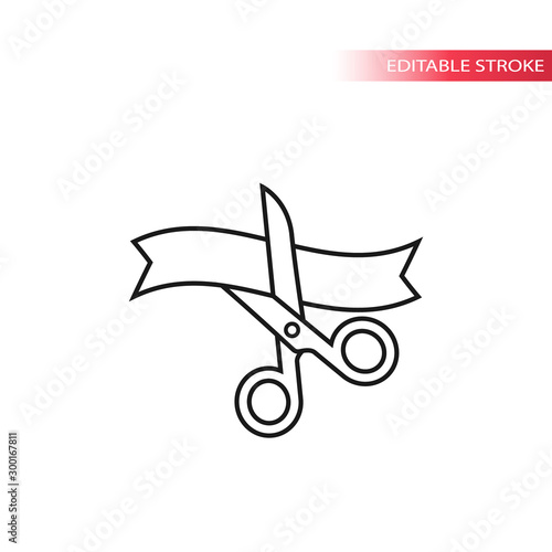 Scissors cutting ribbon thin line vector icon. Grand opening, inauguration simple outline symbol.