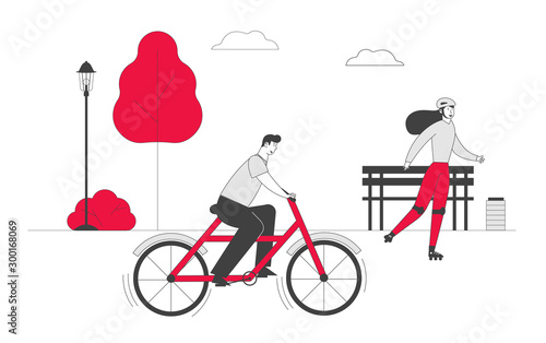 Man Cyclist Riding Bike Woman on Rollers Outdoors in Summer Day at City Park. Bicycle and Rollerblade Sport and Healthy Lifestyle Activity, Ecology Transport Cartoon Flat Vector Illustration, Line Art