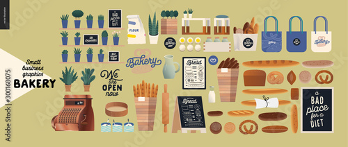 Bakery -small business illustrations -bakery elements - modern flat vector concept illustration of various bread, logo, cash register, bakery utencils and interior elements - constructor set