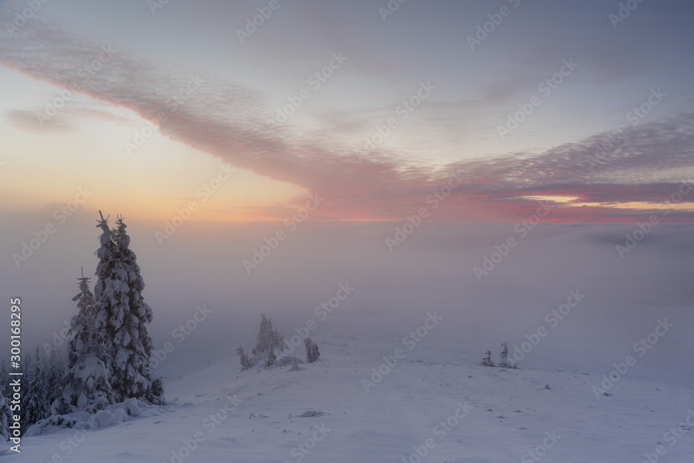 A fabulous winter evening on the Kostrich mountain ridge in the Ukrainian Carpathian Mountains with snow-covered fires, foggy valleys and fantastic skies on the background of a red tent.