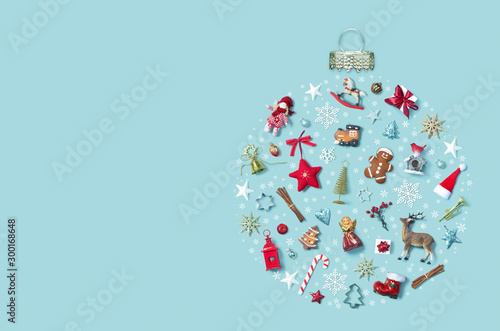 Christmas holiday background with objects in bauble ornament shape, top view Fototapet
