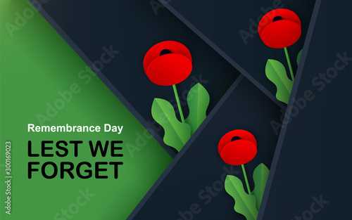 Vector Lest We Forget. Craft Red Poppies Field Remembrance Day banner. Papercut Poppy flower peace symbol. Anzac, Memorial, Veteran header, card, poster, flyer, invitation. Military parade. Lettering