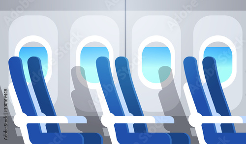 airliner passenger seats row with portholes empty no people airplane board interior flat horizontal vector illustration