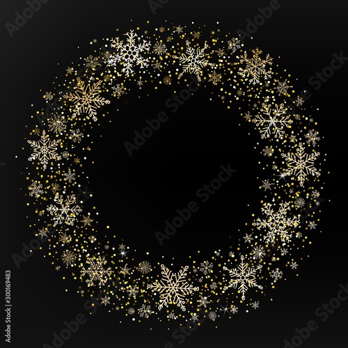 Vector Merry Christmas wreath with golden snowflakes and glitter on black background. Snowflakes round frame with copy space. Happy New Year template for season greeting. Xmas festive card.