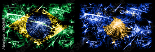 Brazil, Brazilian vs Kosovo, Serbia New Year celebration sparkling fireworks flags concept background. Combination of two states flags © Vlad