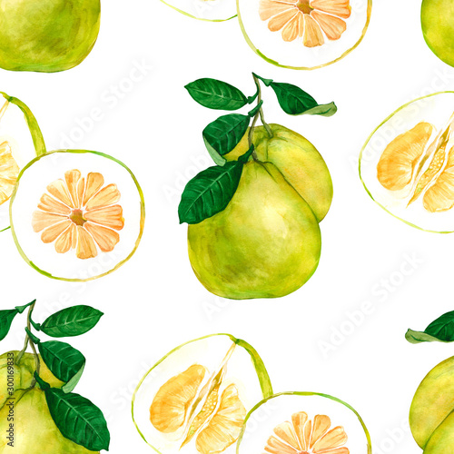 Juicy citrus fruit pomelo.  Watercolor seamless background. Fruit background illustration design