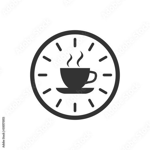 Coffee break icon in flat style. Clock with tea cup vector illustration on white isolated background. Breakfast time business concept.