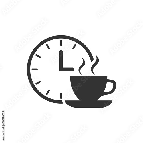 Coffee break icon in flat style. Clock with tea cup vector illustration on white isolated background. Breakfast time business concept. photo