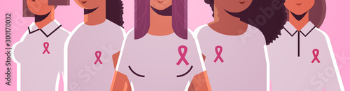 breast cancer day women wearing t-shirts with pink ribbon mix race girls standing together disease awareness and prevention concept flat portrait horizontal vector illustration