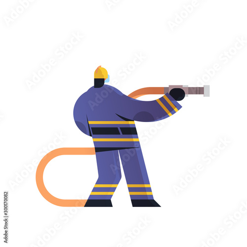 brave fireman holding hose firefighter wearing uniform and helmet firefighting emergency service extinguishing fire concept flat white background full length vector illustration