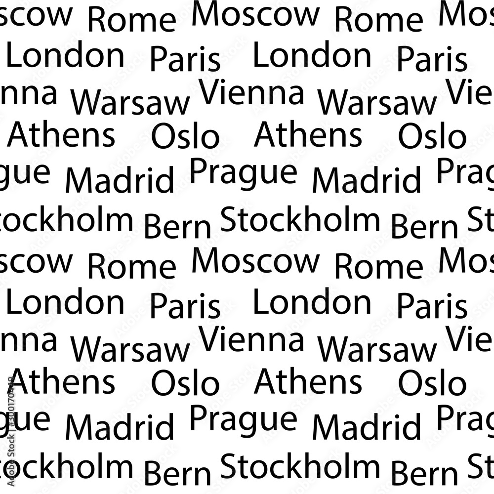 Seamless vector background with names of European cities . Black font on white background.