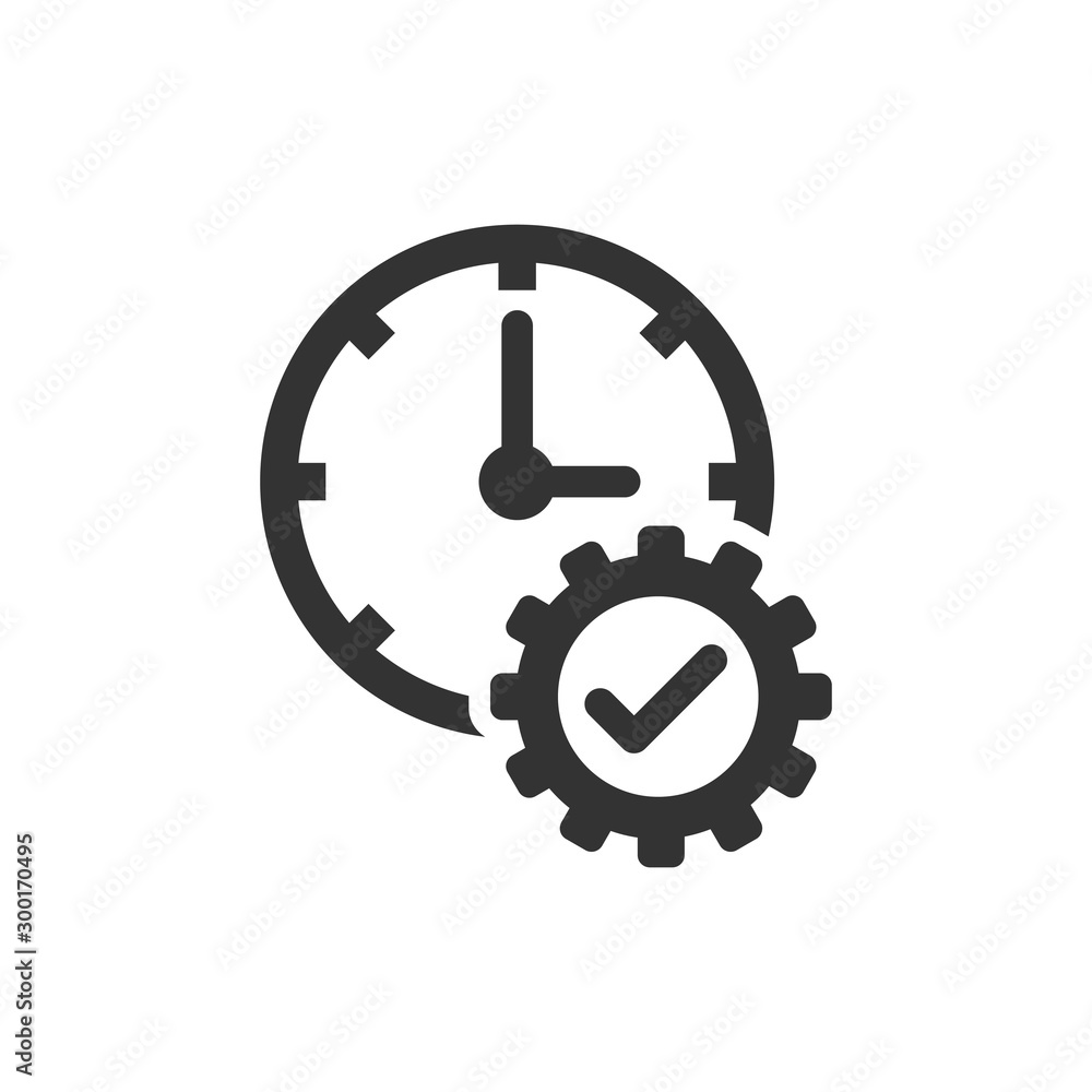 Check mark on clock icon in flat style. Gear with time vector illustration on white isolated background. Production business concept.