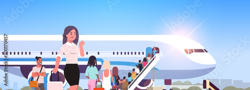 woman with luggage standing line queue of people travelers going to plane rear view passengers climb the ladder to board aircraft boarding travel concept flat horizontal vector illustration