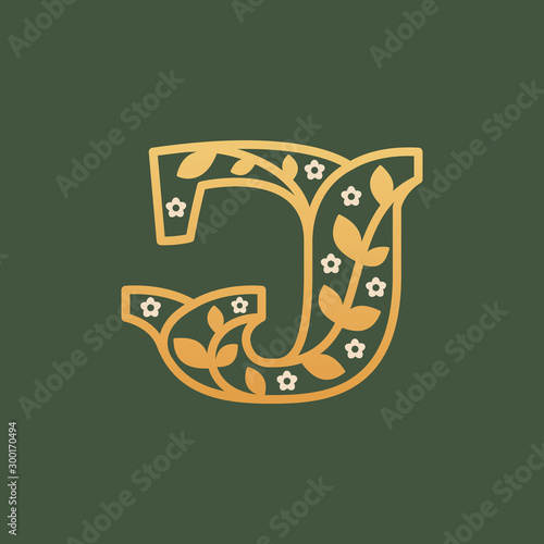 J letter logo consisting of floral pattern letters with chamomile flower.
