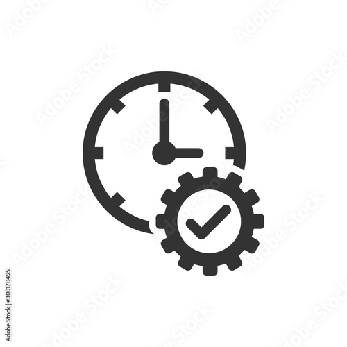 Check mark on clock icon in flat style. Gear with time vector illustration on white isolated background. Production business concept.