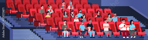 people group watching movie sitting in cinema with popcorn and cola mix race men women having fun laughing at new comedy flat full length horizontal vector illustration