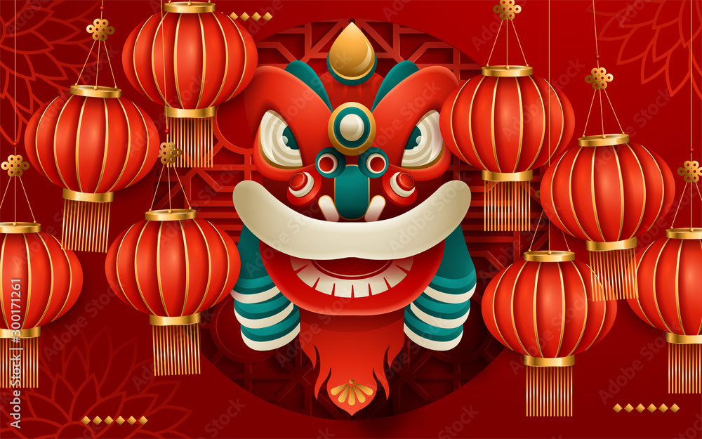 Traditional lunar year background with hanging lanterns, red color paper art style background. Translation : Happy New Year. Vector illustration