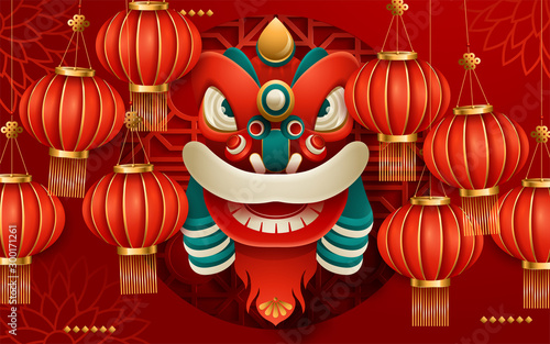 Traditional lunar year background with hanging lanterns, red color paper art style background. Translation : Happy New Year. Vector illustration