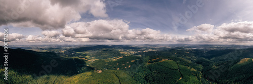 Aerial drone photography of giant mountains  Poland - Czech Republic border. Panoramic shot.