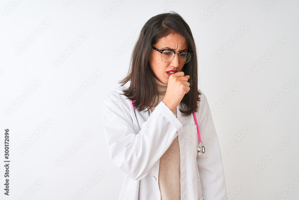 Chinese doctor woman wearing coat and pink stethoscope over isolated white background feeling unwell and coughing as symptom for cold or bronchitis. Healthcare concept. Chinese doctor woman wearing coat and pink stethoscope over isolated white background feeling unwell and coughing as symptom for cold or bronchitis. Healthcare concept.