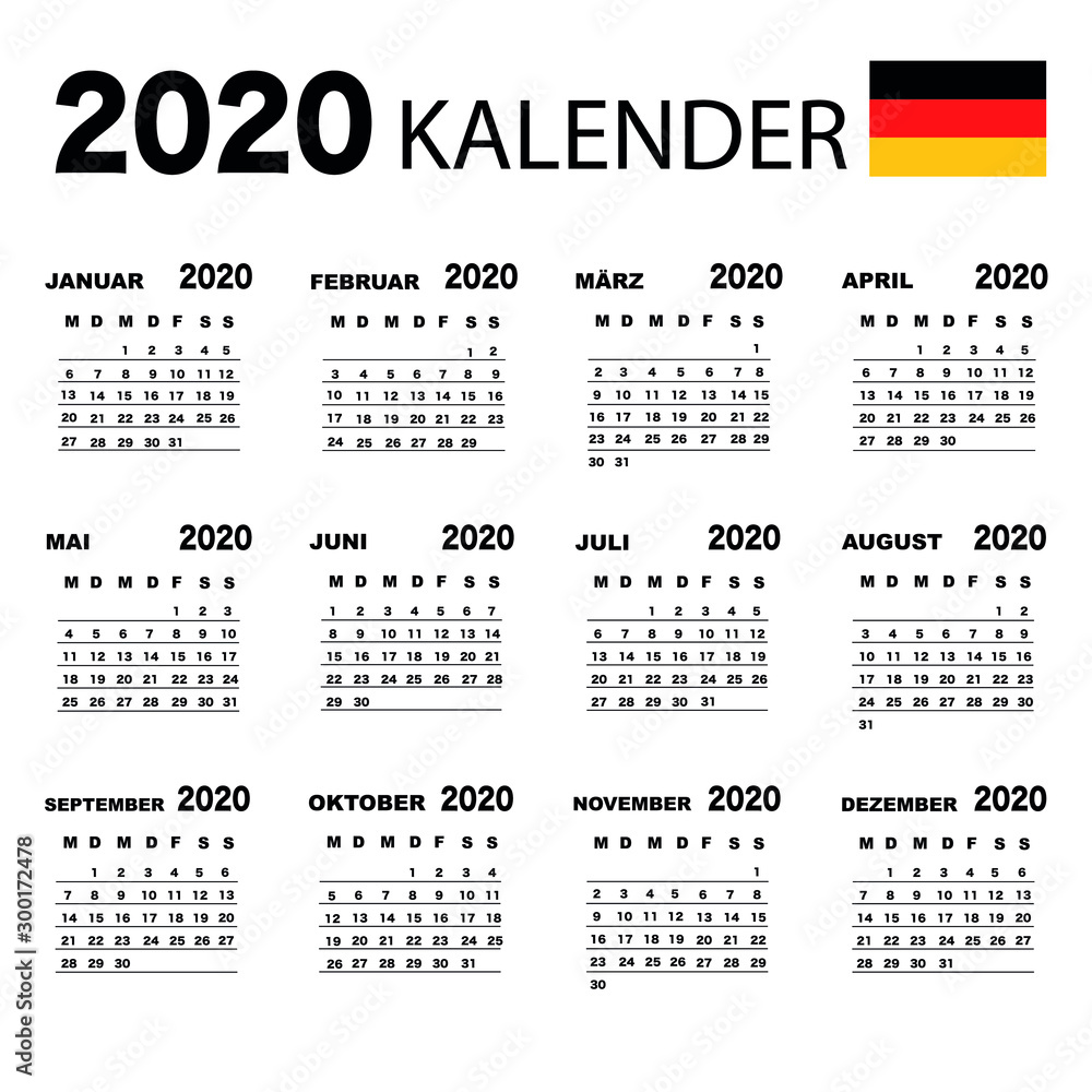 German calendar 2020 with simple black numbers, week starts on Monday