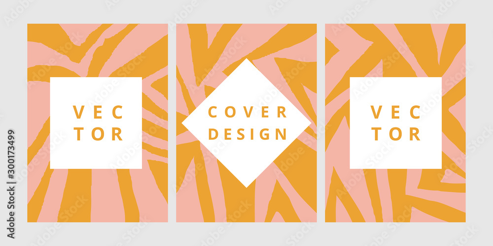 Set of modern design template with abstract geometric ornament in orange and pink colors. Minimal boho background for brochure, flyer, banner, poster and branding design. Vector illustration