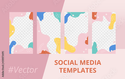 Modern design backgrounds for social media banner with pastel fluid shapes in Memphis style. Set of editable frame templates. Trendy minimalist story mockup for blog or shop. Vector illustration