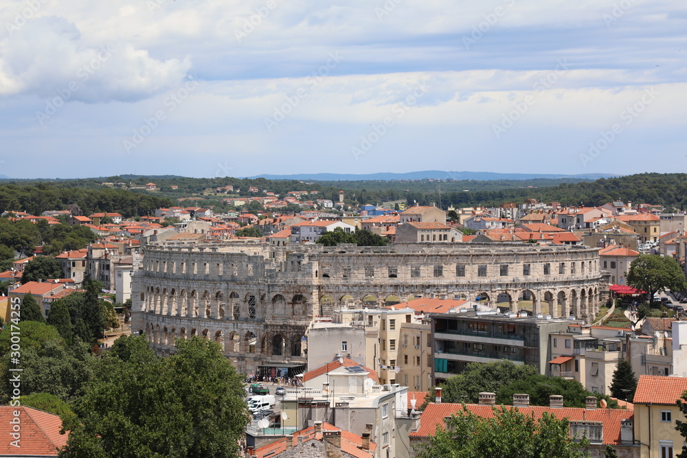 View over city Pula with its majestic arena