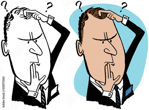 A cartoon of a businessman with a confused expression on his face. 