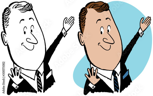 A cartoon of a businessman gesturing at something important. 