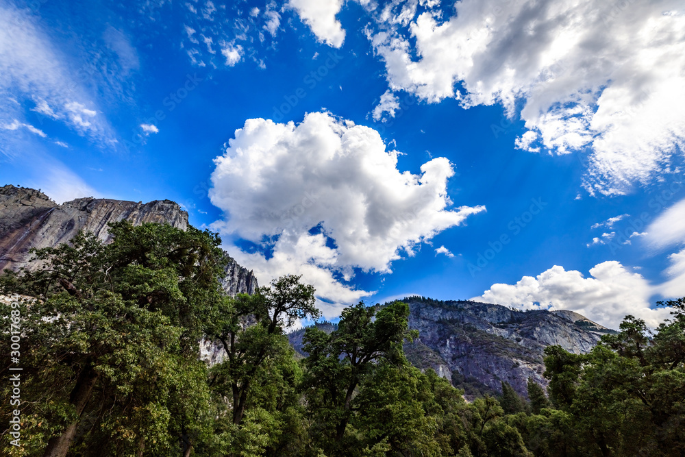 Perfect white clouds, granite mountains and green lush trees in the bottom foreground