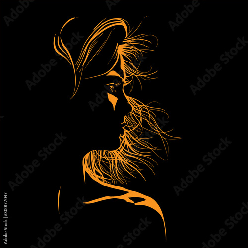 Beauty Woman Face silhouette in contrast backlight. Girl with flying hair. Vector. Illustration.