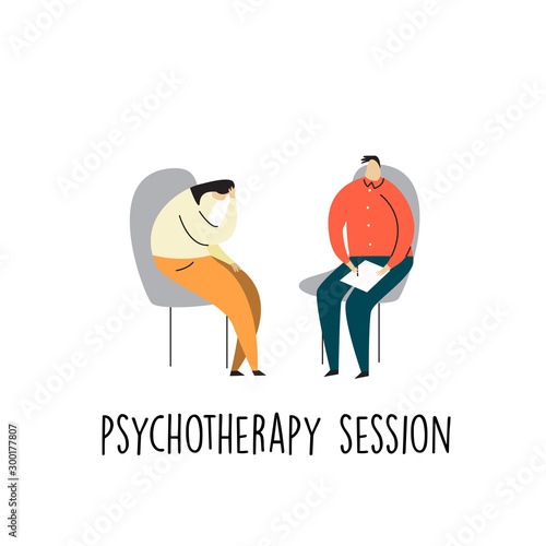 Vector cartoon illustration of depressive woman talking with psychotherapist. Psychotherapy session.