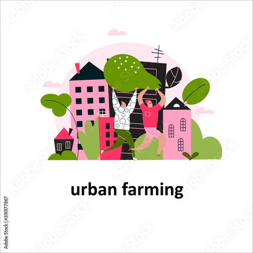 Vector cartoon illustration of two men bringing big pear and city landscape. Urban farming concept.