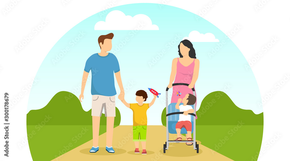 Happy family walks in a public park. Mom, dad, son and daughter are walking in the park against the background of nature and sky. Young and beautiful family.Flat, vector cartoon illustration.