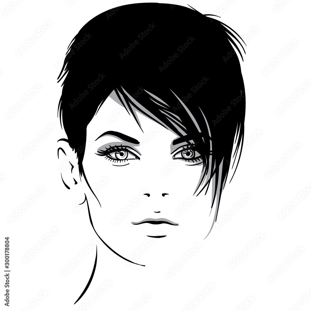 Beautiful girl portrait. Bob hairstyle. Vector. Black and white style. Illustration. Beautiful girl portrait. Bob hairstyle. Vector. Black and white style. Illustration.
