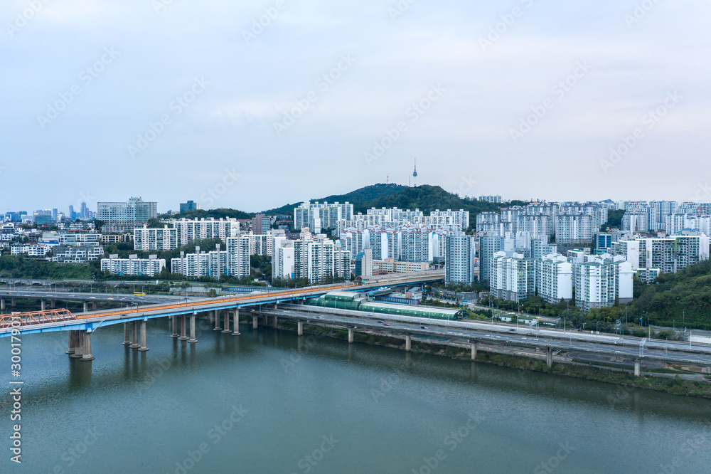 Aerial view from a drone of Seoul downtown skyline at sunrise. Seoul, South Korea.