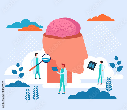 Brain disease research. Health care medicine concept. Vector flat graphic design cartoon illustration