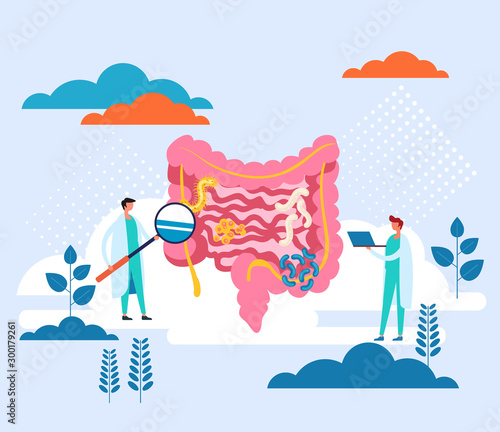 Bowel disease searching. Health care medicine concept. Vector flat graphic design cartoon illustration