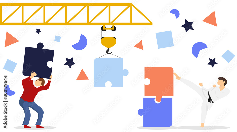 Teamwork and time to build. People and mechanisms assemble the puzzle into a common drawing. Teamwork. People together with a crane assemble a puzzle. Vector, cartoon illustration. Teamwork and time to build. People and mechanisms assemble the puzzle into a common drawing. Teamwork. People together with a crane assemble a puzzle. Vector, cartoon illustration.