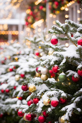Christmas holiday decorations in the center of Moscow in the evening. Christmas toys hang on the branches of spruce, and garlands sparkle in different colors. Winter and holidays concept.