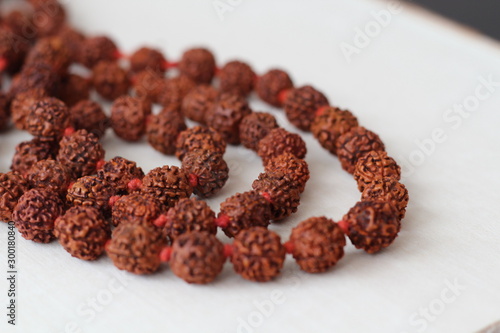 Japa mala. Prayer beads made from the seeds of the rudraksha tree. close-up photo