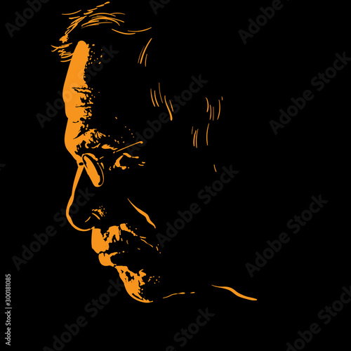 Old man with glasses portrait silhouette in contrast backlight. Vector. Illustration.