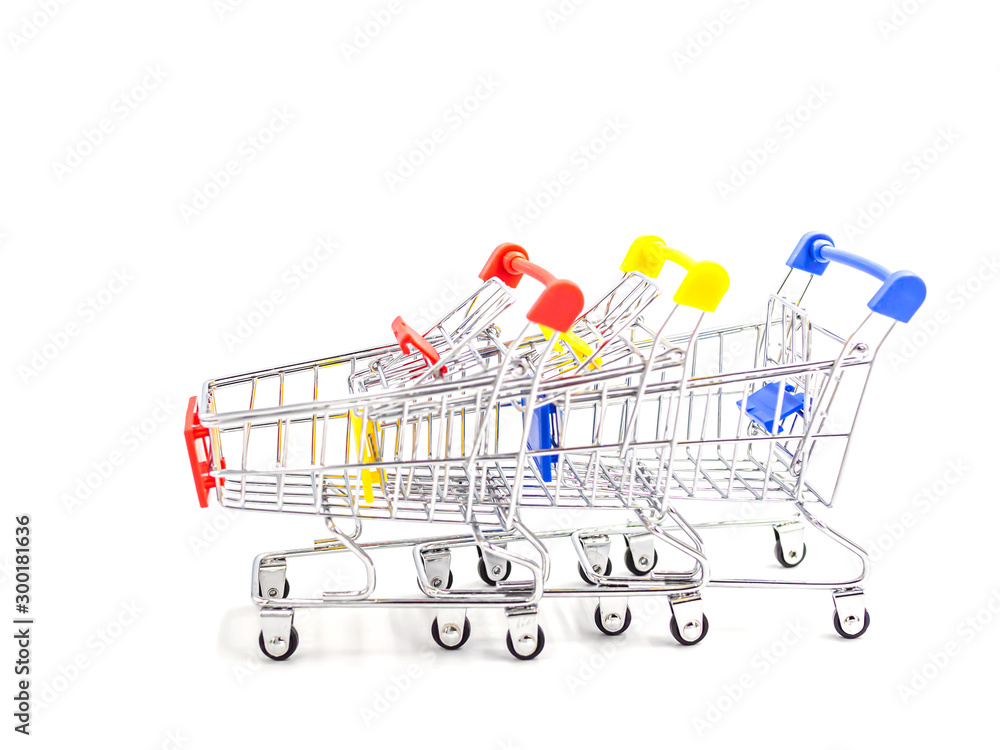 Stacked pattern of blue,red,yellow trolley or shopping or supermarket cart toy on white background.