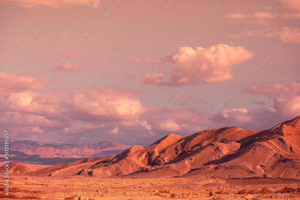 Mountain nature landscape. Desert on a sunny day. Negev Desert. View of the valley with mountains on backdrop. Nature Israel