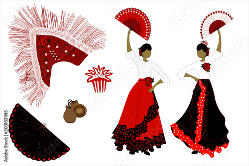 Flamenco dancers with fans in traditional Spanish skirts. Different attributes of flamenco.